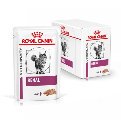 Sachet et boîte Royal Canin Veterinary Renal pour chat, texte visible : RENAL, LOAF, image de chat, pâtée en morceaux illustrée sur l’emballage.