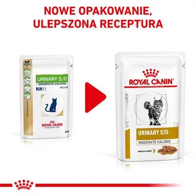 Nowe opakowanie i ulepszona receptura karmy Royal Canin Urinary S/O Moderate Calorie dla kotów. Porównanie starego i nowego opakowania z widocznymi nazwami produktu.