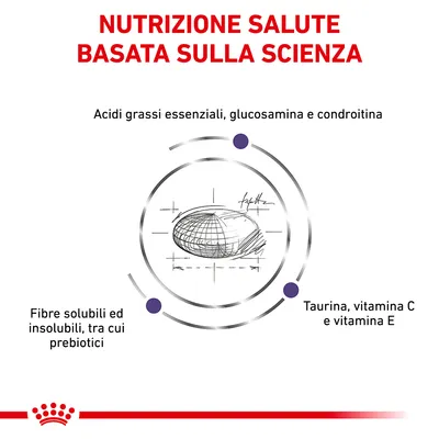 NUTRIZIONE SALUTE BASATA SULLA SCIENZA. Acidi grassi essenziali, glucosamina e condroitina. Fibre solubili ed insolubili, tra cui prebiotici. Taurina, vitamina C e vitamina E.