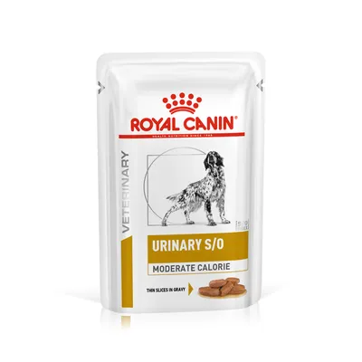 Plic Royal Canin Veterinary Urinary S/O Moderate Calorie pentru câini, felii subțiri în sos. Text vizibil: THIN SLICES IN GRAVY.