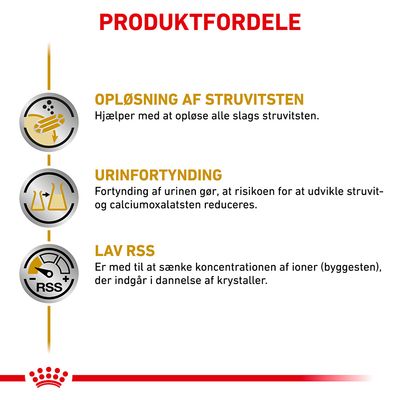 PRODUKTFORDELE: OPLØSNING AF STRUVITSTEN, URINFORTYNDING, LAV RSS. Hjælper med at opløse struvitsten, fortynde urin og sænke koncentration af ioner for at reducere krystaldannelse.