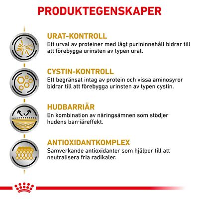PRODUKTEGENSKAPER: URAT-KONTROLL, CYSTIN-KONTROLL, HUDBARRIÄR, ANTIOXIDANTKOMPLEX med beskrivningar om urinkontroll, hudens barriär och antioxidanter. All text på svenska.