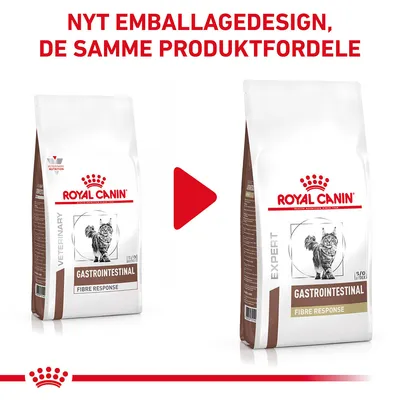 Nyt emballagedesign for Royal Canin Gastrointestinal Fibre Response kattefoder. Venstre: VETERINARY, højre: EXPERT. Samme produktfordele ifølge billedtekst.