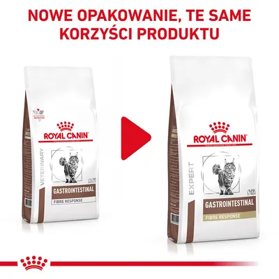 Royal Canin Gastrointestinal Fibre Response dla kotów – porównanie starego i nowego opakowania, napis: Nowe opakowanie, te same korzyści produktu.
