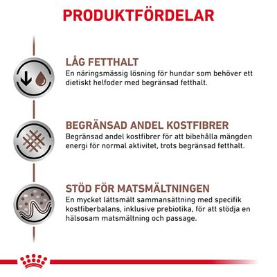 Produktfördelar: låg fetthalt, begränsad andel kostfibrer, stöd för matsmältningen. Beskrivningar om näringslösning med låg fetthalt, fiberbalans och lättsmält sammansättning.