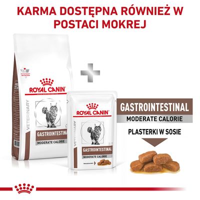Royal Canin Gastrointestinal Moderate Calorie dla kotów, karma sucha i mokra, plasterki w sosie. Tekst: KARMA DOSTĘPNA RÓWNIEŻ W POSTACI MOKREJ, GASTROINTESTINAL MODERATE CALORIE PLASTERKI W SOSIE.