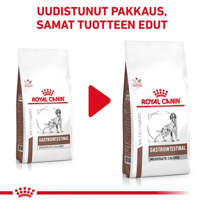 Uudistunut pakkaus, samat tuotteen edut. Royal Canin Gastrointestinal Moderate Calorie -koiranruoka, kaksi erilaista pakkausta vierekkäin.