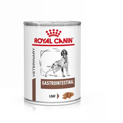 Lata de comida húmeda Royal Canin Veterinary Gastrointestinal para perros, texto visible: LOAF, imagen de un perro y porción de alimento en la etiqueta.