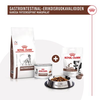 Royal Canin Gastrointestinal -kuivaruoka, märkäruoka ja Treats-makupalat koirille. Teksti: Gastrointestinal-erikoisruokavalioiden kanssa yhteensopivat makupalat.