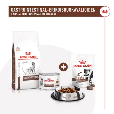 Royal Canin Gastrointestinal -kuivaruoka, märkäruoka ja Treats-makupalat koirille. Teksti: Gastrointestinal-erikoisruokavalioiden kanssa yhteensopivat makupalat.