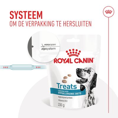 Royal Canin Treats verpakking met easyopen zipsysteem, tekst: SYSTEEM OM DE VERPAKKING TE HERSLUITEN. Geschikt voor hypoallergene diëten, hydrolysed protein, vitamine B12, 230 g.
