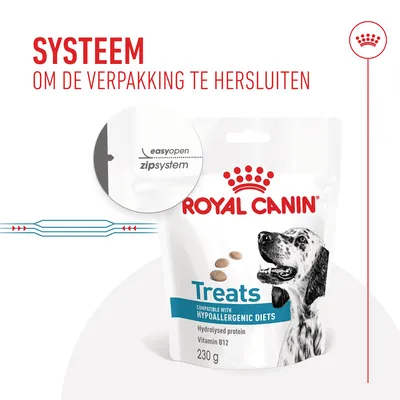 Royal Canin Treats verpakking met easyopen zipsysteem, tekst: SYSTEEM OM DE VERPAKKING TE HERSLUITEN. Geschikt voor hypoallergene diëten, hydrolysed protein, vitamine B12, 230 g.