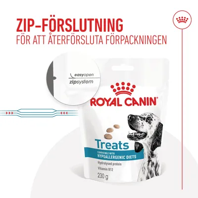 Royal Canin Treats 230 g med zip-förslutning. Text: easyopen zipsystem, kompatibel med hypoallergena dieter, hydrolyserat protein, vitamin B12.