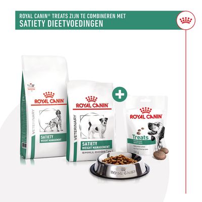 Royal Canin Satiety Weight Management hondenvoer, Satiety Weight Management Small Dogs en Royal Canin Treats zakken, met voerbak gevuld met brokken. Tekst: te combineren met Satiety dieetvoedingen.