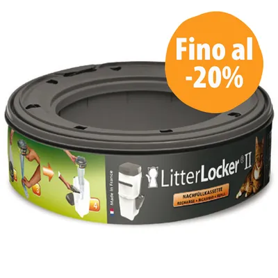 Ricarica LitterLocker II, testo visibile: 'Fino al -20%', istruzioni illustrate sull'uso, immagine di un contenitore per lettiera e scritta 'Made in France'.