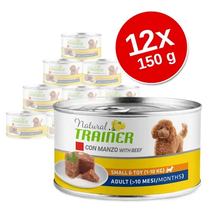 Set 12x150 g conserve Natural Trainer Con Manzo with Beef pentru câini mici (1–10 kg), adult (>10 luni). Etichetă cu imagine câine, bucăți hrană și text vizibil pe ambalaj.