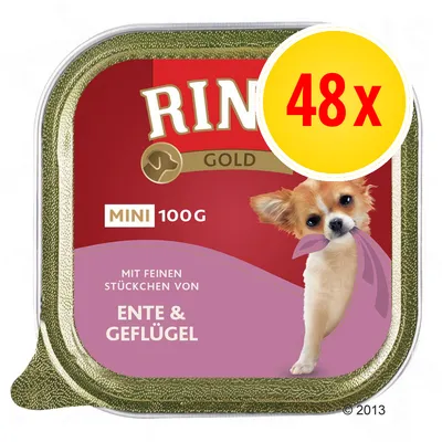 Rinti Gold MINI 100 g, ENTE & GEFLÜGEL, 48x. Pakkauksessa pieni koira ja saksankielinen teksti: Mit feinen Stückchen von Ente & Geflügel.