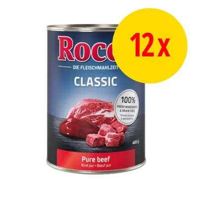Rocco Classic Pure beef, 100 % fresh ingredients & grain-free, dåse med oksekød, 400 g. Pakke med 12 stk. Tekst på engelsk og tysk: Pure beef, Rind pur, Boeuf pur.