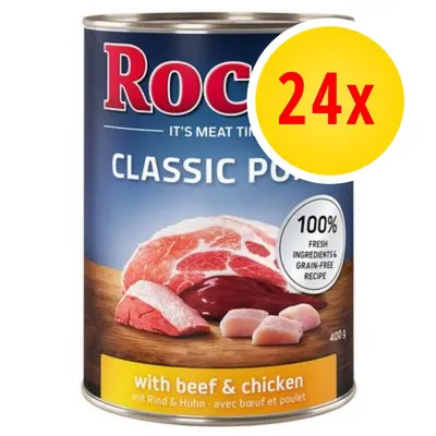 Rocco Classic Pure, 24x400g, with beef & chicken. Testo visibile: 100% fresh ingredients & grain-free recipe.