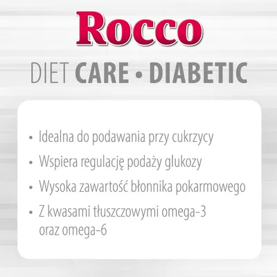 Rocco Diet Care Diabetic. Idealna do podawania przy cukrzycy, wspiera regulację podaży glukozy, wysoka zawartość błonnika, z kwasami tłuszczowymi omega-3 i omega-6.