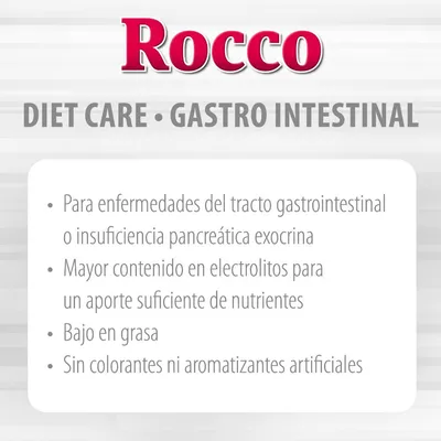 Rocco Diet Care Gastro Intestinal: para enfermedades del tracto gastrointestinal, mayor contenido en electrolitos, bajo en grasa, sin colorantes ni aromatizantes artificiales.