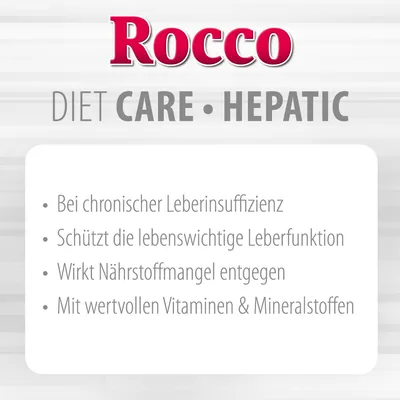 Rocco DIET CARE HEPATIC. Texte en allemand : Bei chronischer Leberinsuffizienz, Schützt die lebenswichtige Leberfunktion, Wirkt Nährstoffmangel entgegen, Mit wertvollen Vitaminen & Mineralstoffen.