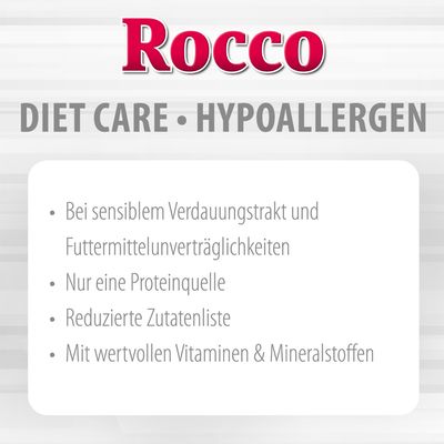 Rocco Diet Care Hypoallergen. Bei sensiblem Verdauungstrakt und Futtermittelunverträglichkeiten, nur eine Proteinquelle, reduzierte Zutatenliste, mit wertvollen Vitaminen & Mineralstoffen.