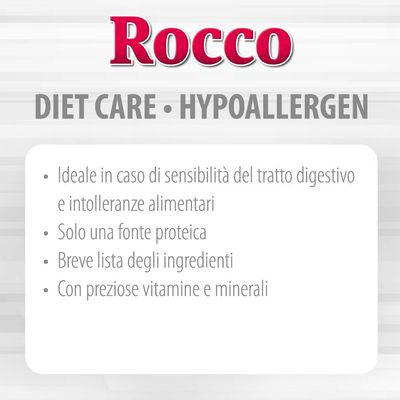 Rocco DIET CARE HYPOALLERGEN: ideale per sensibilità digestiva e intolleranze alimentari, una sola fonte proteica, breve lista ingredienti, con vitamine e minerali.
