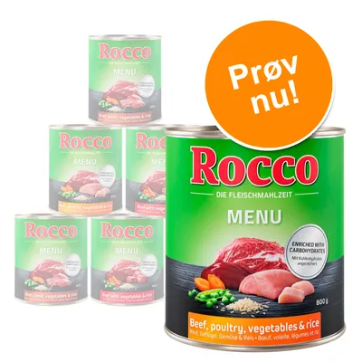 Rocco MENU dåsefoder, synlige varianter: Beef, poultry, vegetables & rice samt Beef, lamb, vegetables & rice. Stor orange cirkel med teksten 'Prøv nu!'.