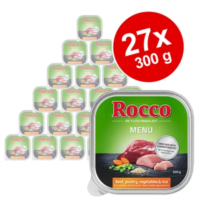 Pack de 27 tarrinas de 300 g de Rocco Menu, visible en el envase: carne de vacuno, ave, verduras y arroz. Texto adicional: Enriched with carbohydrates. Die Fleischmahlzeit.