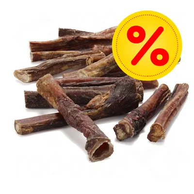 Varios palos masticables naturales para perros con símbolo de porcentaje en círculo amarillo, indicando oferta o descuento visible en la imagen.