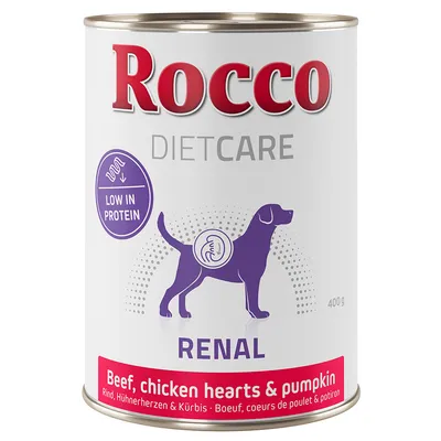 Konzerva Rocco DietCare RENAL, 400 g, Low in Protein, Beef, chicken hearts & pumpkin. Fialová silueta psa a nápisy na bílé etiketě.