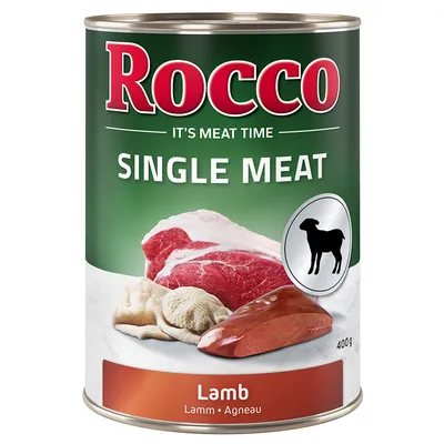 Rocco Single Meat agnello, lattina da 400g. Ingredienti visibili: pezzi di carne e frattaglie. Testo: It's Meat Time, agnello in tedesco, inglese e francese.