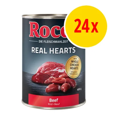 Rocco Real Hearts Beef 400 g, with whole chicken hearts. Pakkaus sisältää 24 tölkkiä. Etiketissä naudanlihan ja sydänten kuva.