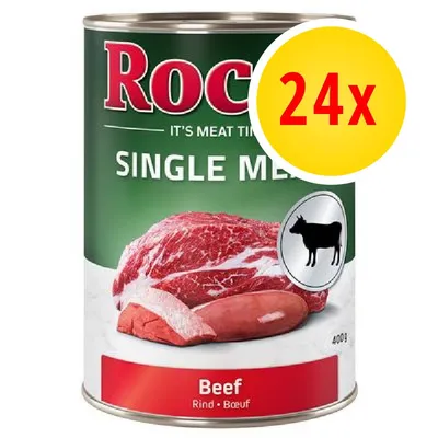 Rocco Single Meat Beef, confezione da 24x400g. Immagine di carne bovina e simbolo mucca sulla lattina. Testo visibile: 'Beef', 'Rind', 'Boeuf'.