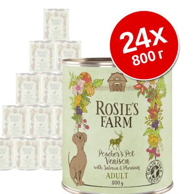 Rosie’s Farm Poacher’s Pot Venison with Salmon & Pheasant ADULT, 24×800 г, беззерновой рецепт. На изображении упаковка консервов для взрослых собак.