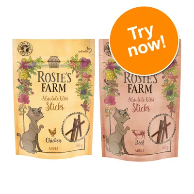 Rosie’s Farm Absolute Bliss Sticks for adult cats, Chicken 50g and Beef 50g packs shown. Orange badge with white text: Try now! Grain free recipe visible on both packs.