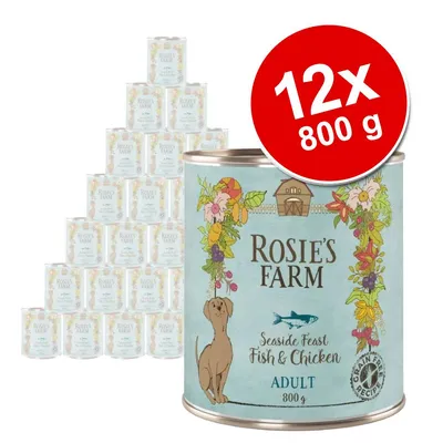 Rosie’s Farm Seaside Feast Fish & Chicken, Adult, 12 x 800 g. Widoczne puszki z ilustracją psa i kwiatami, napis Grain Free Recipe.