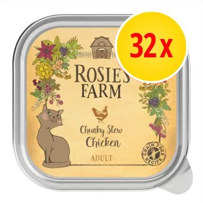 Rosie's Farm Chunky Stew Chicken Adult kattmat, spannmålsfri. Förpackning med 32 stycken enligt gul cirkel med röd text '32x'.
