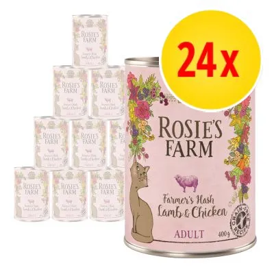 24 burkar Rosie's Farm Farmer's Hash Lamb & Chicken Adult 400 g, bild på katt och texten 'grain-free recipe' synlig på förpackningen.