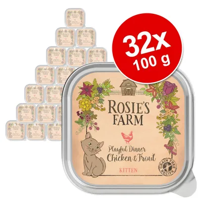 Rosie’s Farm Playful Dinner Chicken & Trout Kitten, zestaw 32 tacki po 100 g. Widoczny napis: Grain Free Recipe.