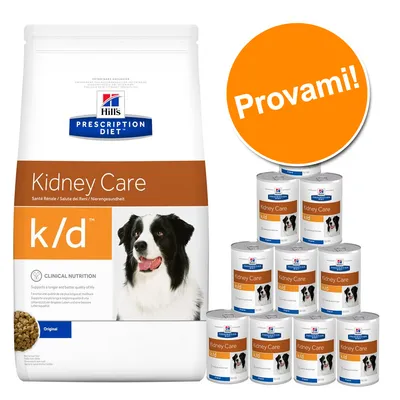Hill's Prescription Diet Kidney Care k/d per cani, confezione con sacco grande e 10 lattine. Testo visibile: Provami!
