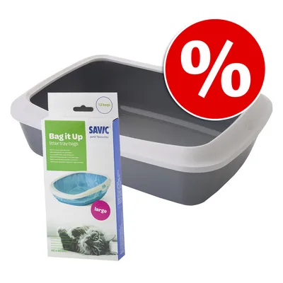 Туалет для кошек с белой окантовкой и упаковка Savic Bag it Up litter tray bags, 12 пакетов, размер large, 46×40 см. Красный значок процента скидки.