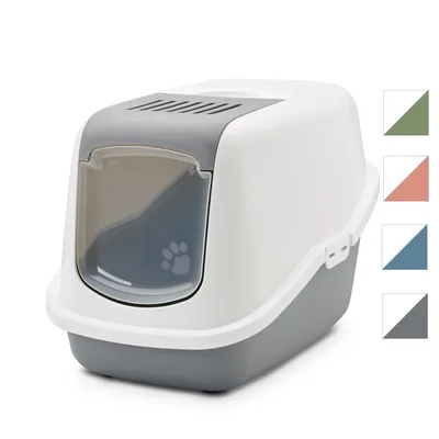 Toaletă pentru pisici cu ușă gri și model de lăbuțe, disponibilă în patru culori: verde, roz, albastru și gri.