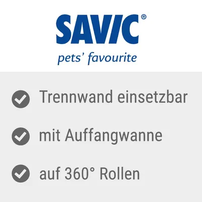 Savic. Trennwand einsetzbar, mit Auffangwanne, auf 360° Rollen.