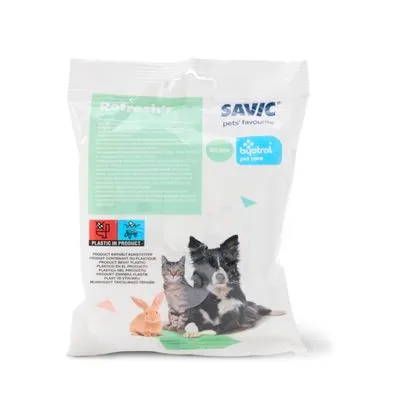 Verpakking Savic biobrol pet care, zichtbaar: hond, kat, konijn, tekst 'PLASTIC IN PRODUCT', gewicht 850 gram, merknaam Savic en biobrol duidelijk leesbaar.
