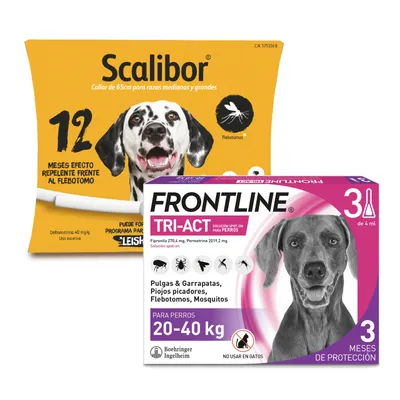 Pack de antiparasitarios: collar Scalibor + pipetas Frontline para perros - Collar 65 cm + pipetas 20-40 kg Pack de antiparasitarios: collar Scalibor + pipetas Frontline para perros - Collar 65 cm + pipetas 20-40 kg