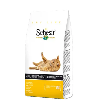 Ambalaj hrană uscată pentru pisici Schesir Nature for Cat Adult Maintenance, cu pui. Text vizibil: 'Intolerances protection', 'Easy digestion', 'Unique protein source'.