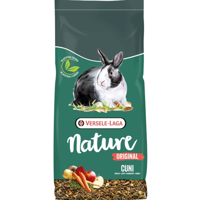 Versele-Laga Nature Original Cuni Kaninjenruoka. Ei keinotekoisia värejä tai aromeja. Kuvassa vihanneksia ja kani.