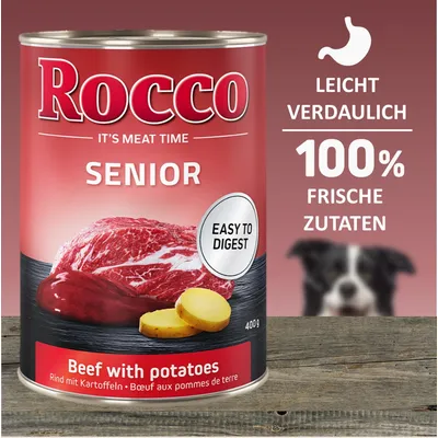 Rocco Senior, boîte 400g, bœuf aux pommes de terre. Texte visible : Easy to digest, Leicht verdaulich, 100% frische Zutaten. IT'S MEAT TIME.